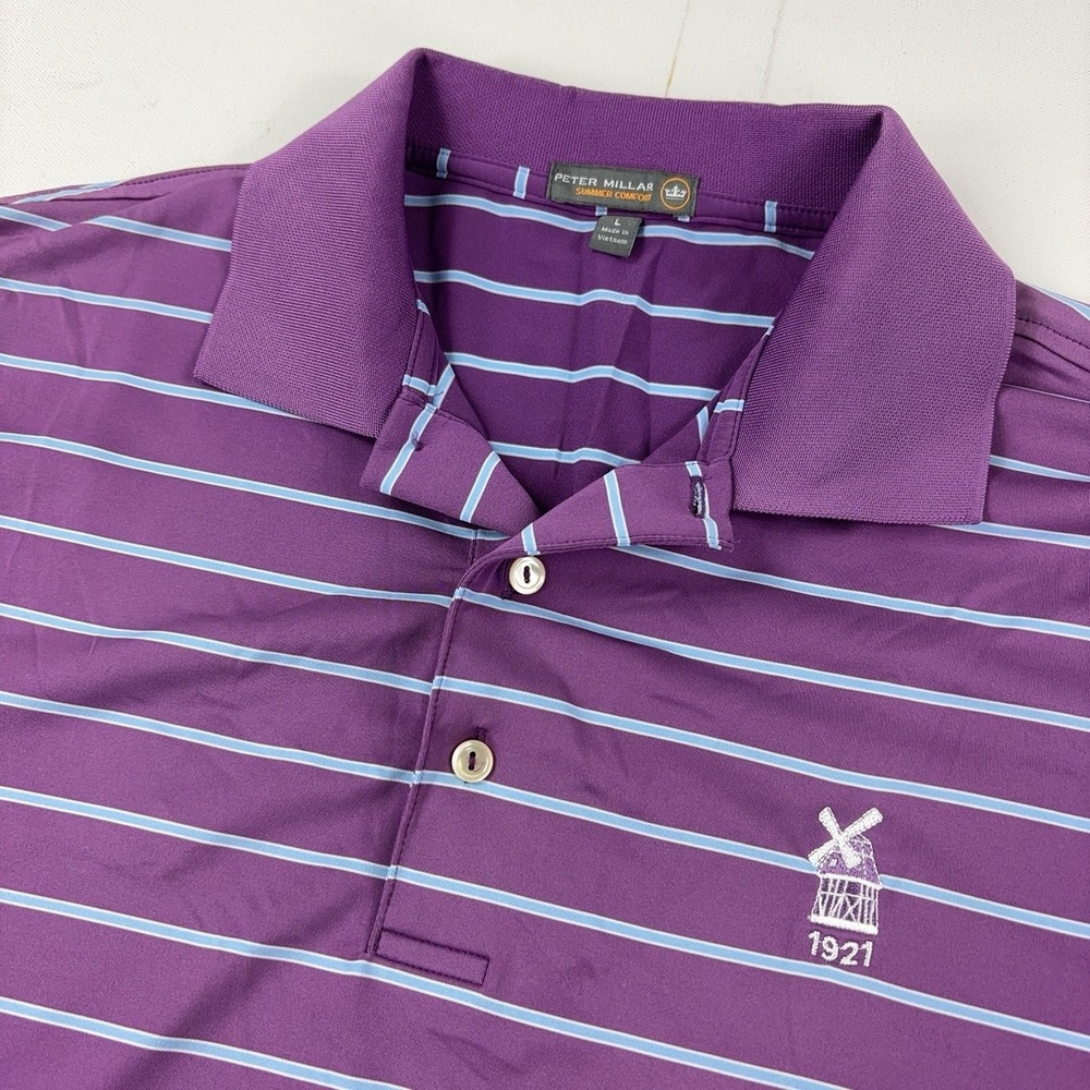 Peter Millar Summer Comfort Polo Shirt Mens Large Purple Striped Golf 1921 Logo